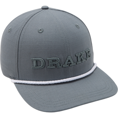 DPF Flatbill Ripstop Rope Cap with high crown and structured design, featuring an embroidered DRAKE logo and white braided cord above the rounded flat brim.