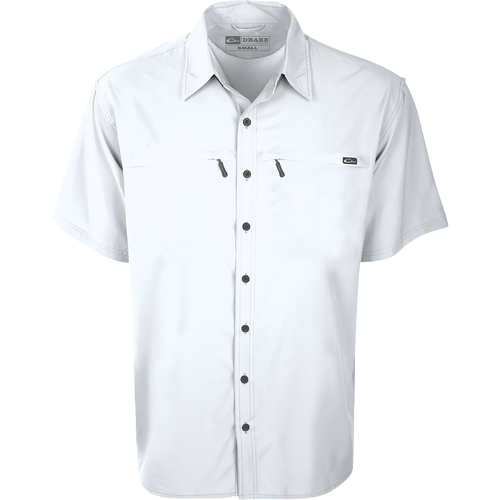 A lightweight, stretchy Town Lake Shirt S/S made from textured polyester fabric. Features include UPF 30 sun protection, moisture-wicking technology, vented cape back, mechanical stretch fabric, and 2 horizontal zipper pockets.