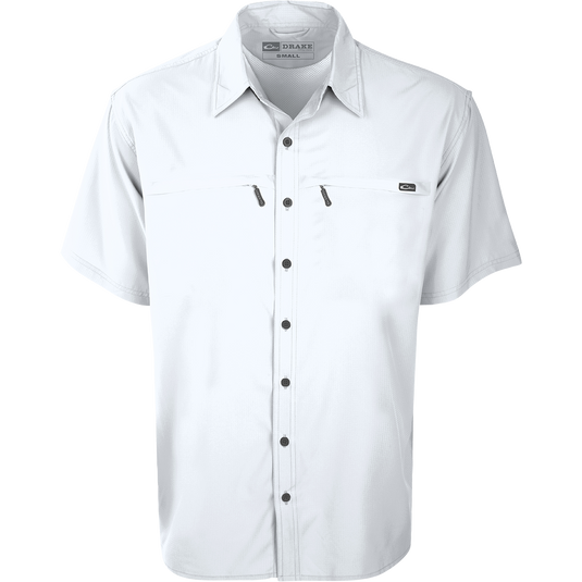 A lightweight, stretchy Town Lake Shirt S/S made from textured polyester fabric. Features include UPF 30 sun protection, moisture-wicking technology, vented cape back, mechanical stretch fabric, and 2 horizontal zipper pockets.