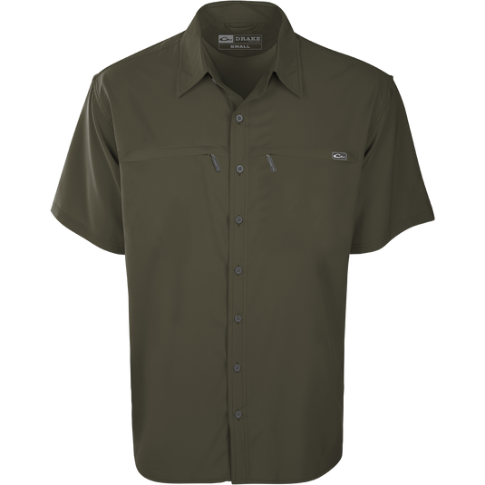 A lightweight, stretchy textured fabric shirt with a collar and short sleeves. Made from 100% polyester dobby fabric, it offers UPF 30 sun protection and moisture-wicking technology. Perfect for both field and dinner wear.