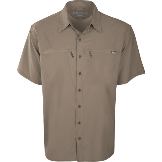 A lightweight, stretchy short-sleeved shirt with a textured fabric. Made from 100% polyester, it offers UPF 30 sun protection and moisture-wicking technology. Perfect for warm months and versatile for any occasion.
