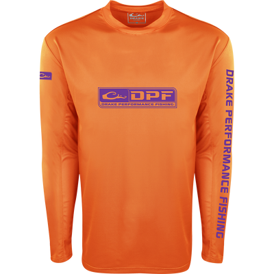 Shield 4 Arched Mesh Back Crew L/S, long-sleeved shirt with breathable mesh, designed for sun protection and mobility, featuring a purple and orange logo.