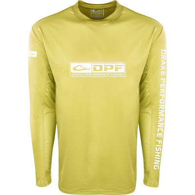 A yellow high-performance Shield 4 Arched Mesh Back Crew L/S shirt from Drake Waterfowl, designed for all-day water trips. Features include UPF 50+ sun protection and odor control technology. 