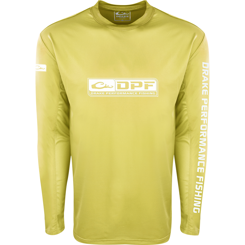 A yellow high-performance Shield 4 Arched Mesh Back Crew L/S shirt from Drake Waterfowl, designed for all-day water trips. Features include UPF 50+ sun protection and odor control technology. 