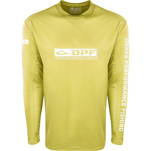 A yellow high-performance Shield 4 Arched Mesh Back Crew L/S shirt from Drake Waterfowl, designed for all-day water trips. Features include UPF 50+ sun protection and odor control technology. 