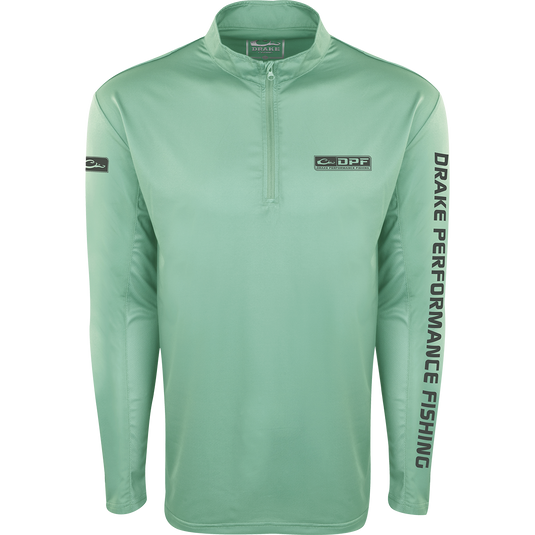 A green high-performance Shield 4 Arched Mesh Back 1/4 Zip L/S for all-day water trips. Features include UPF 50+ sun protection, odor control, and stain resistance.