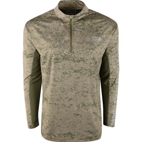 A duckweed camo durable Shield 4 Arched Mesh Back 1/4 Zip L/S for all-day water trips, featuring breathable mesh, UPF 50+ sun protection, and odor control. Ideal for outdoor enthusiasts.