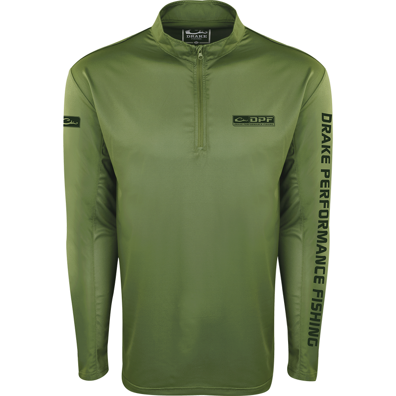 A dark green high-performance Shield 4 Arched Mesh Back 1/4 Zip L/S for all-day water trips. Features include breathable mesh, Shield 4 technology, and four-way stretch fabric for optimal protection and mobility.