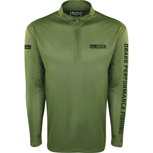 A dark green high-performance Shield 4 Arched Mesh Back 1/4 Zip L/S for all-day water trips. Features include breathable mesh, Shield 4 technology, and four-way stretch fabric for optimal protection and mobility.