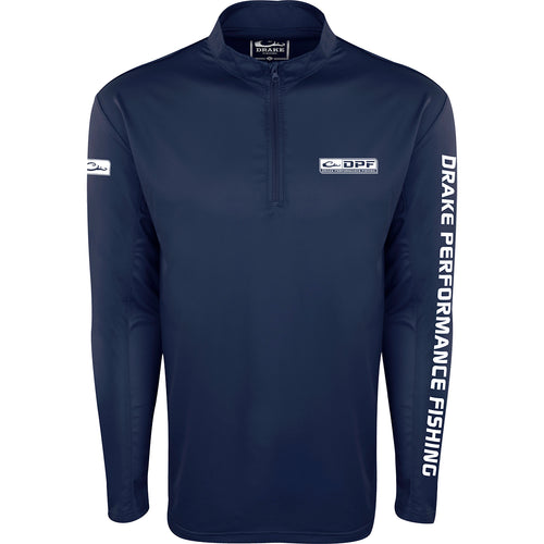 A blue durable Shield 4 Arched Mesh Back 1/4 Zip L/S for all-day water trips. Features include four-way stretch fabric, breathable mesh, and Shield 4™ technology for all-around protection.