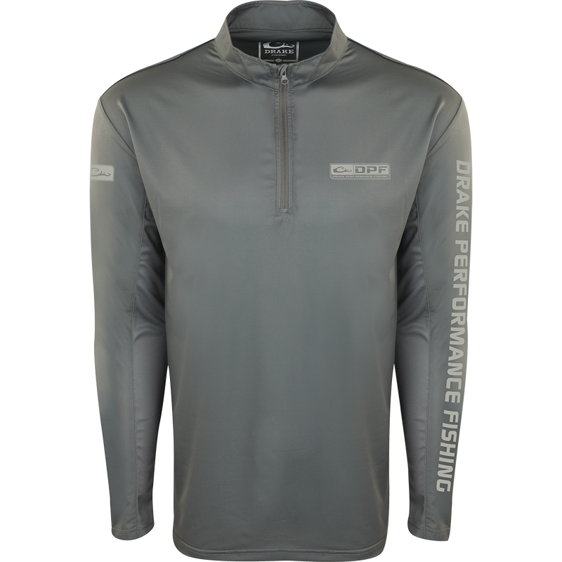 A gray high-performance Shield 4 Arched Mesh Back 1/4 Zip L/S for all-day water trips. Features breathable mesh, UPF 50+ sun protection, and odor control.