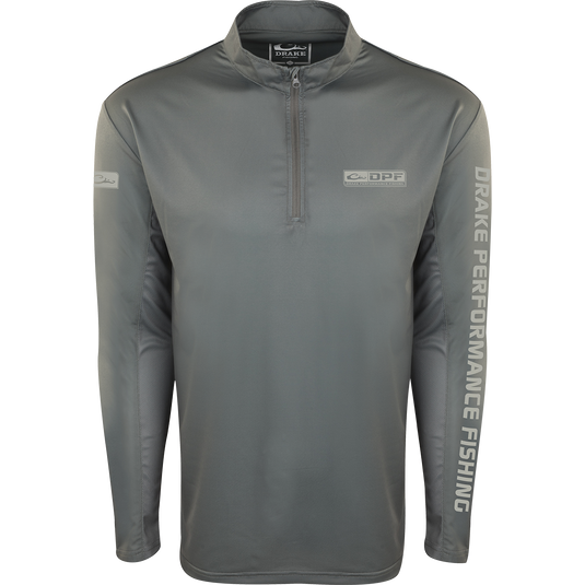 A gray high-performance Shield 4 Arched Mesh Back 1/4 Zip L/S for all-day water trips. Features breathable mesh, UPF 50+ sun protection, and odor control.