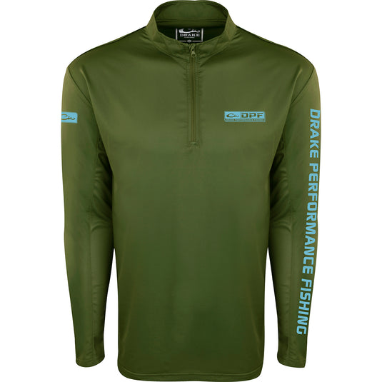 A green high-performance Shield 4 Arched Mesh Back 1/4 Zip L/S for all-day water trips. Features include UPF 50+ sun protection, breathable mesh, and odor control.