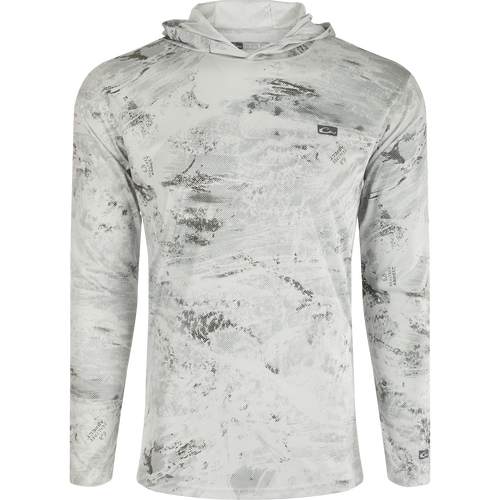 Performance Realtree Aspect Dot Long Sleeve Hoodie, a white shirt with black spots, unconstructed hood, UPF 50, moisture-wicking, quick-drying, lightweight, and breathable stretch fabric. Ideal for outdoor activities.