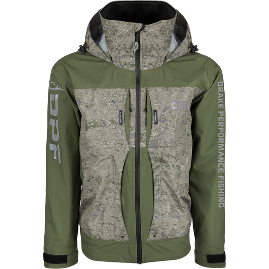A lightweight, waterproof fishing jacket with reflective printing and innovative pockets. Guardian Elite Pro Ultra-Lite 3-Layer Waterproof Jacket.