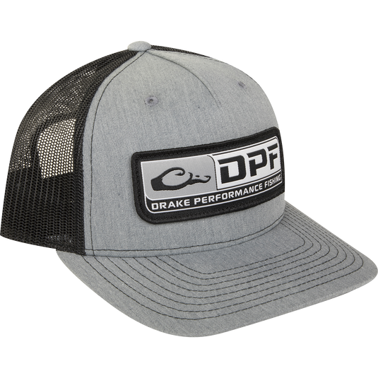 A grey trucker cap with black text, featuring the DPF 5-Panel Mesh Back Cap logo.