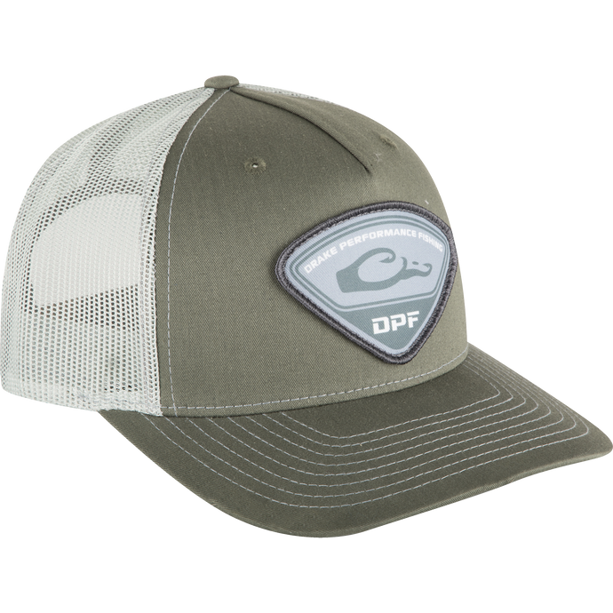 A 5-panel cap with a green hat and white patch, featuring the reinvented Drake Fishing logo. Mesh backing for breathability and a snap-back closure for a precise fit.