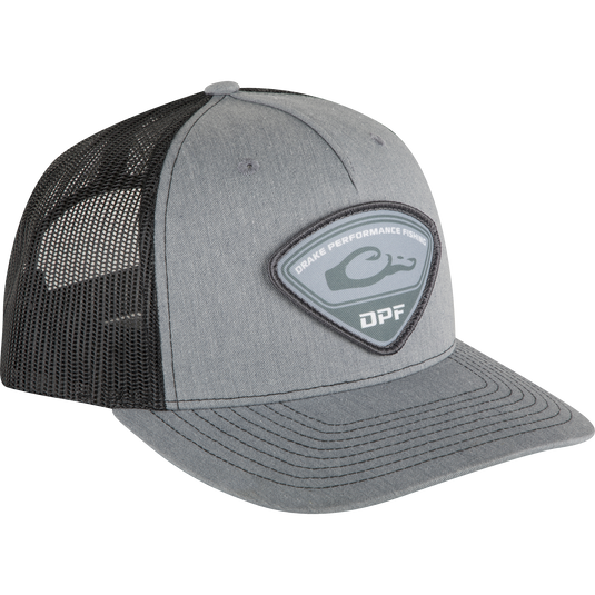 A grey 5-panel Tri-Patch Cap with a black mesh backing and Drake Fishing logo. Snap-back closure for a precise fit.