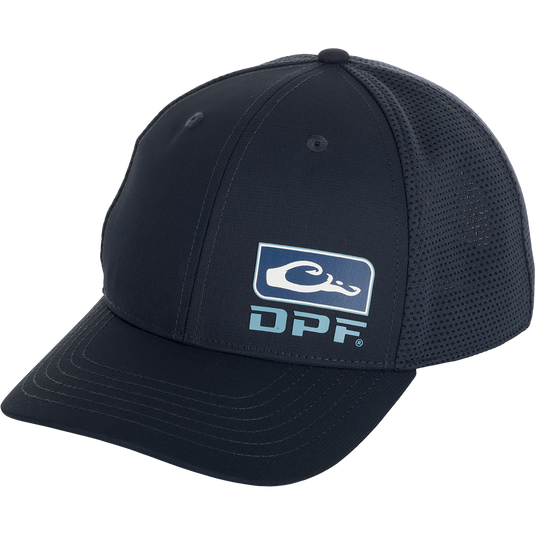 DPF Badge Logo Performance Cap, a structured low-profile crown hat with a pre-curved visor and adjustable snapback closure. Made of 100% polyester ripstop and performance mesh. Perfect for outdoor activities. From Drake Waterfowl store.
