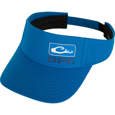 DPF Badge Logo Performance Visor, a sun-protective blue visor with a logo, perfect for a day on the water.