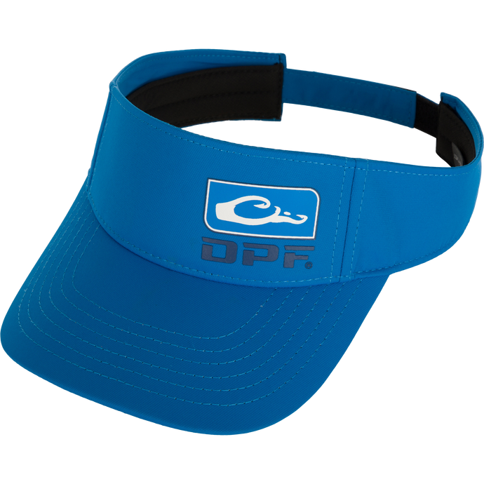 DPF Badge Logo Performance Visor, a sun-protective blue visor with a logo, perfect for a day on the water.