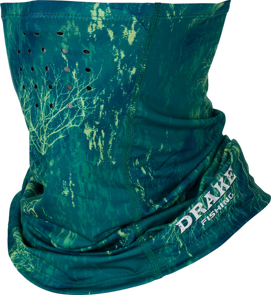 A close-up of the DPF Shield 4 Performance Neck Gaiter, a green face mask with trees.
