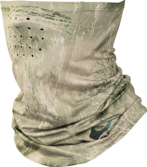 A camouflage face mask designed for optimal protection and comfort. Made of 92% polyester and 8% spandex with four-way stretch. Features include extended coverage, front ventilation, and UPF 50+ sun treatment. DPF Shield 4 Performance Neck Gaiter.