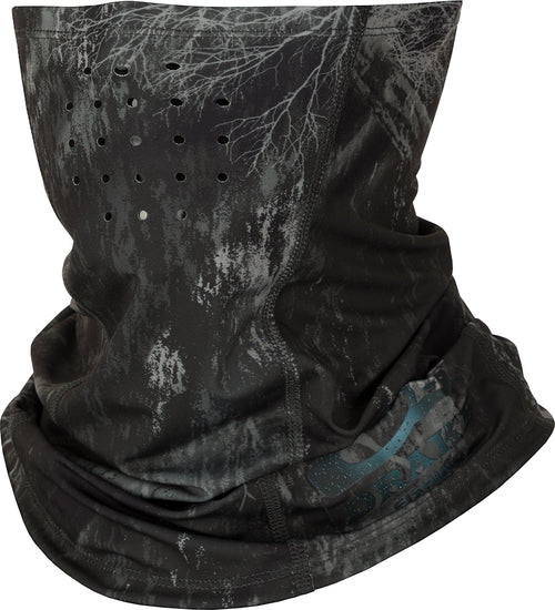 DPF Shield 4 Performance Neck Gaiter: A protective black face mask with a tree design, ideal for sun and neck coverage during outdoor activities.