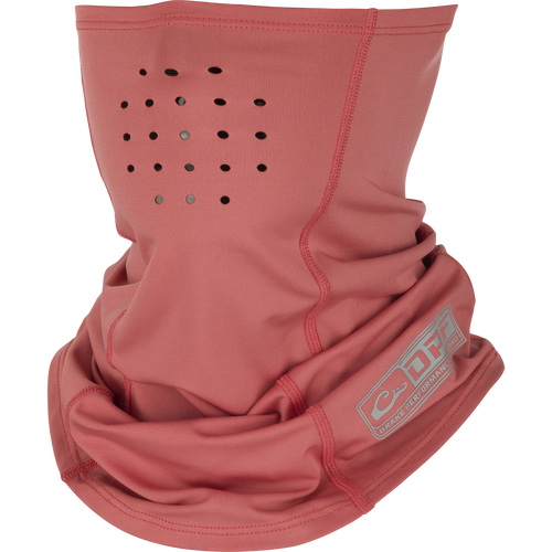 A close-up of the DPF Shield 4 Performance Neck Gaiter, a protective and comfortable clothing item with four-way stretch fabric, extended coverage, and ventilation holes.