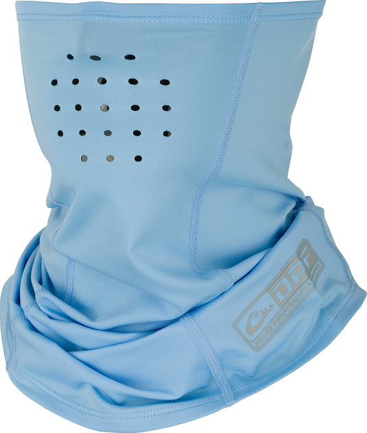 A blue DPF Shield 4 Performance Neck Gaiter with holes for ventilation and a generous cut for optimal protection and comfort.