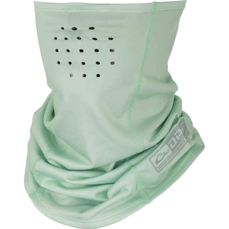 A close-up of the DPF Shield 4 Performance Neck Gaiter, a fabric face mask with breathing holes, UPF 50+ sun protection, and antimicrobial treatment.