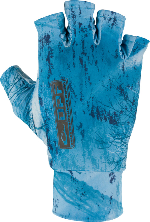 A close-up of the DPF Performance Fingerless Fishing Gloves, featuring a blue fabric with a black logo and silicone palm grip dots for secure rod and reel handling. Perfect for protecting your hands from harmful UV rays while maintaining full dexterity.
