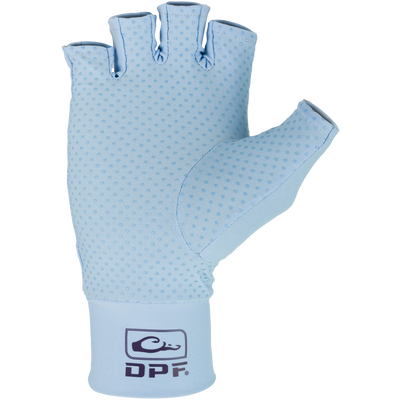 DPF Performance Fingerless Fishing Gloves with silicone palm grip dots and thumb plus four half-fingers, designed for UV protection and enhanced dexterity while fishing.