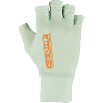 DPF Performance Fingerless Fishing Glove, light-green, featuring silicone palm grip dots and a small orange logo, designed for sun protection and improved fishing dexterity.