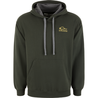 Old School Bar Logo Hoodie with kangaroo pocket, charcoal-lined hood, and yellow DRAKE print, ideal for casual comfort and durability.