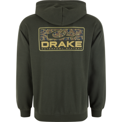 Back view of the Old School Bar Logo Hoodie featuring a large DRAKE Waterfowl Systems logo with a stylized D on a camo-patterned background.