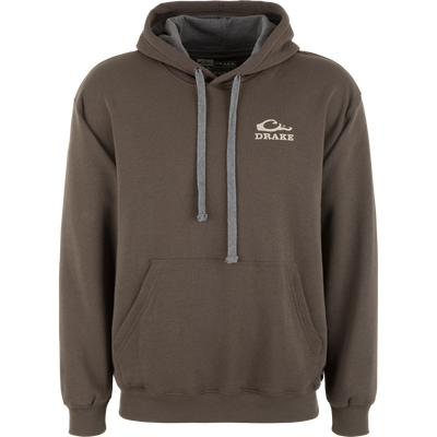Back Cap Woodie Logo Hoodie with kangaroo pocket, grey drawstrings, and DRAKE. logo on chest, offering comfort and durability for everyday wear.