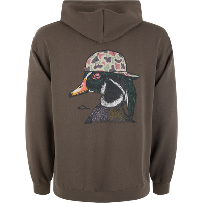 Back Cap Woodie Logo Hoodie featuring a stylized duck's head in a camo cap, ideal for casual wear with its premium midweight warmth and durability.