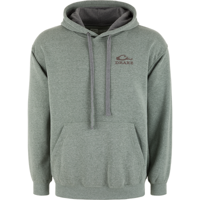 Camo Mallard Logo Hoodie with kangaroo pocket, drawstring hood, ribbed cuffs, and small “Drake” logo on left chest, ideal for casual, durable wear.
