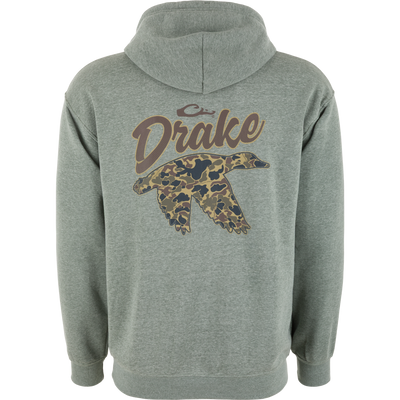 Back view of the Camo Mallard Logo Hoodie, featuring Drake script and a camouflage duck silhouette, with hood up for casual, durable wear.