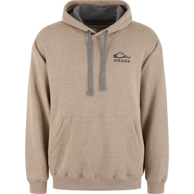 Chocolate Lab Logo Hoodie featuring a kangaroo pocket and drawstring hood. Midweight blend offers durability and comfort, ideal for casual or active wear.