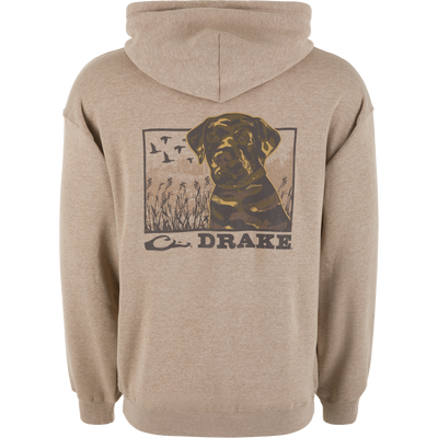 Back of Chocolate Lab Logo Hoodie featuring a field scene with a retriever, ducks, and DRAKE branding, embodying outdoor adventure and casual comfort.