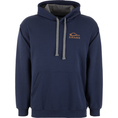 Navy-blue Big Deke Club Logo Hoodie with heather-gray hood interior, kangaroo pocket, and brown DRAKE fish logo on chest, offering warmth and durability.