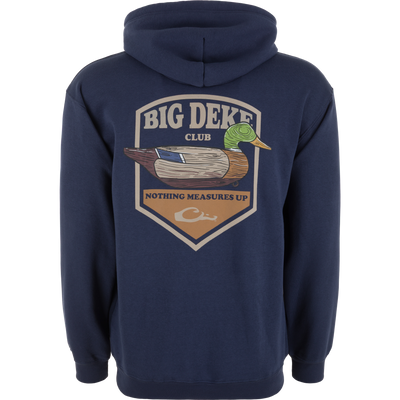 Back of Big Deke Club Logo Hoodie with Vintage Dixie Decoys® graphic, featuring a wooden duck-decoy design and club motto, showcased on a mannequin.