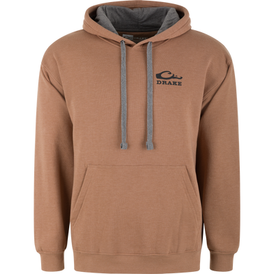 Don't Give A Duck Logo Hoodie with kangaroo pocket, grey-lined hood, and ribbed cuffs, featuring the DRAKE logo and wave graphic on left chest.