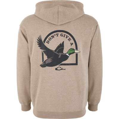 Back of Don't Give A Duck Logo Hoodie on mannequin, featuring a flying mallard graphic. Ideal for comfort and personality, blending style with durability.