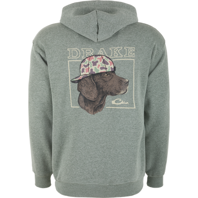 Back Cap Lab Logo Hoodie with a retriever in camo cap on back, perfect for comfort and durability in casual or outdoor settings.