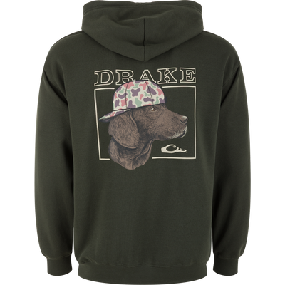 Back Cap Lab Logo Hoodie featuring a dog in a pastel camo cap and DRAKE text. Midweight, ideal for comfort and durability.