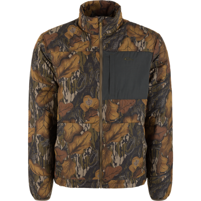Delta Featherless Down Jacket in woodland camo with oak-leaf motifs, featuring a high stand collar, front zipper, and chest pocket, designed for outdoor weather protection.