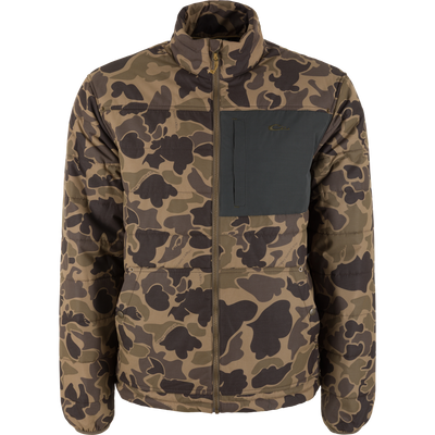Delta Featherless Down Jacket on mannequin, featuring brown-and-olive camouflage, high collar, front zipper, contrasting chest pocket, and snap-closure waist pockets, designed for outdoor performance.